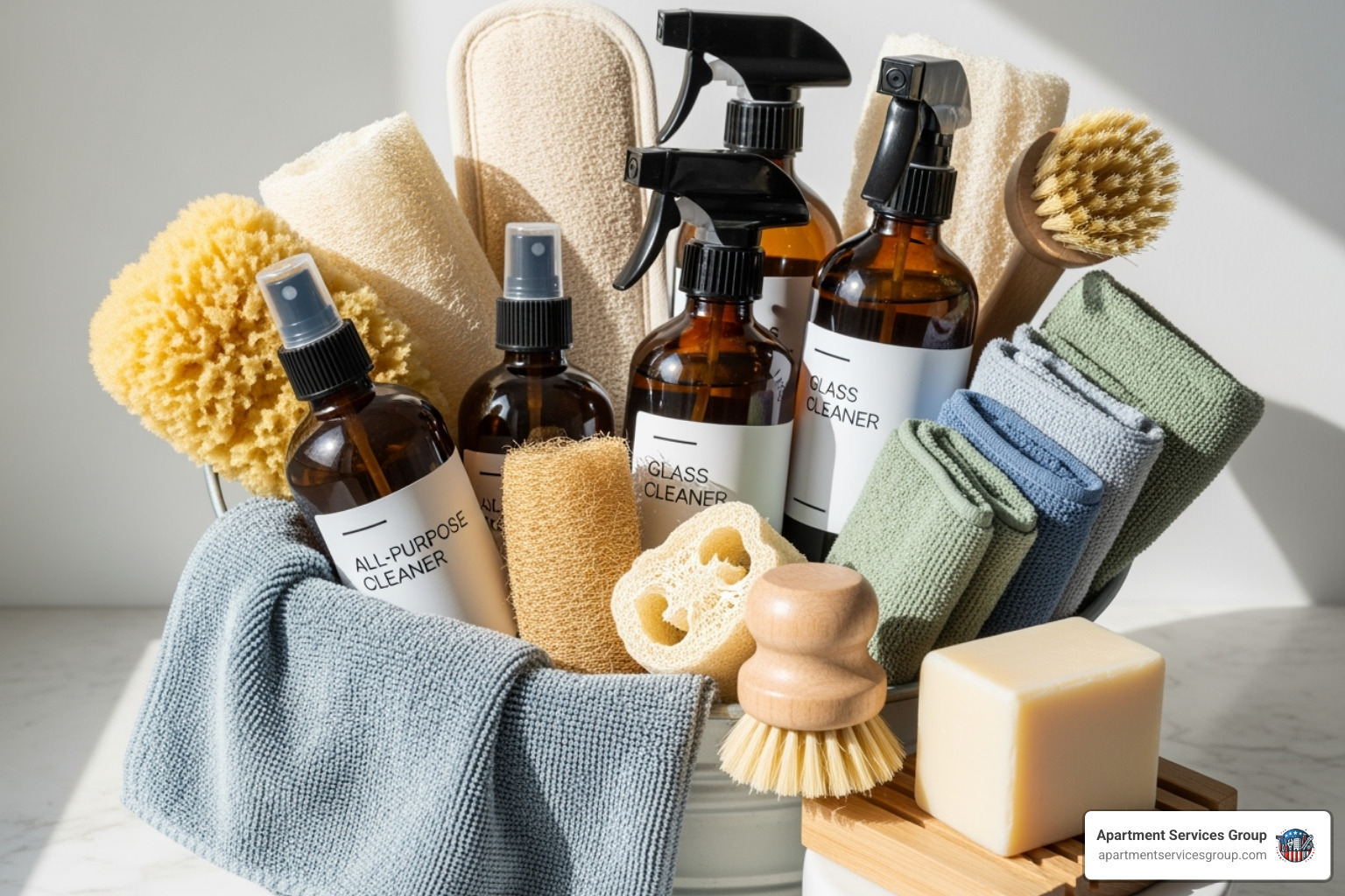 Organized, eco-friendly cleaning supplies in a bucket - apartment move-out cleaning Houston