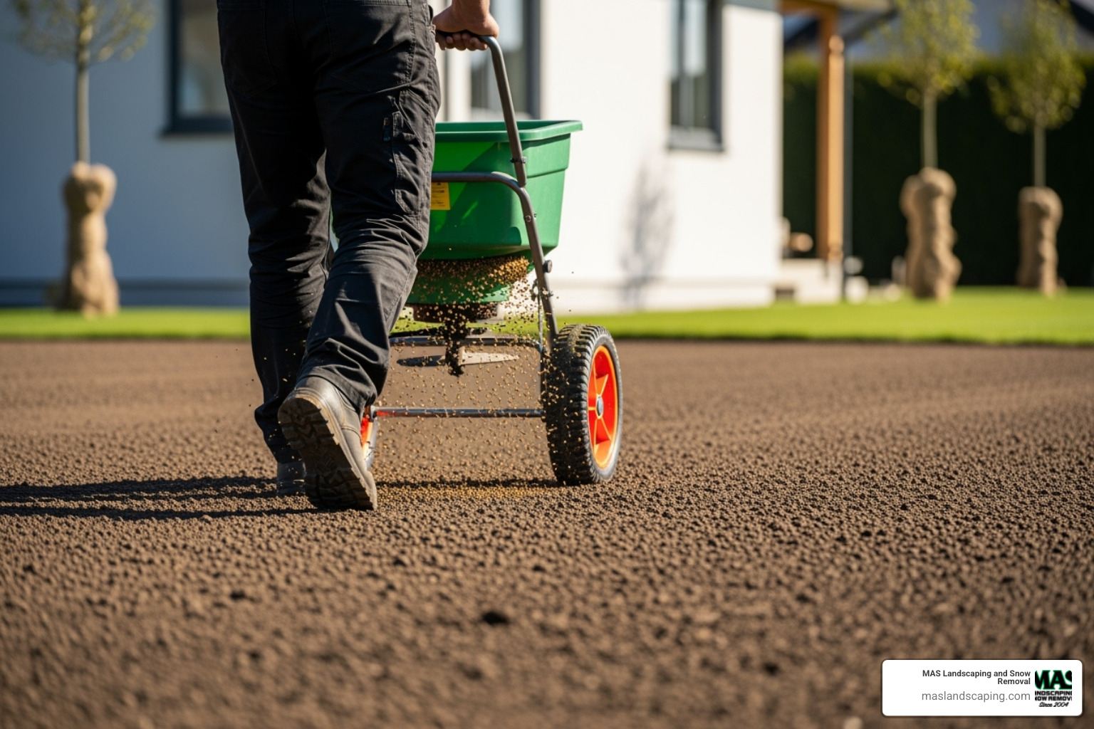 A person using a broadcast spreader to evenly distribute grass seed across a freshly prepared, level yard, ensuring uniform coverage for new construction lawn installation - new construction lawn installation
