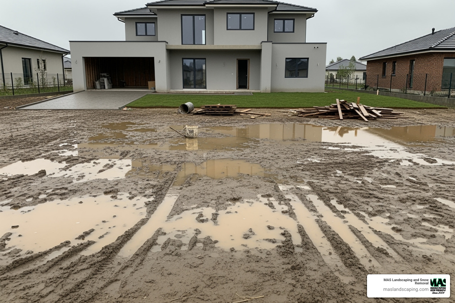 A newly constructed home with a muddy, uneven yard showing large puddles after rain, indicating poor drainage - new construction lawn installation