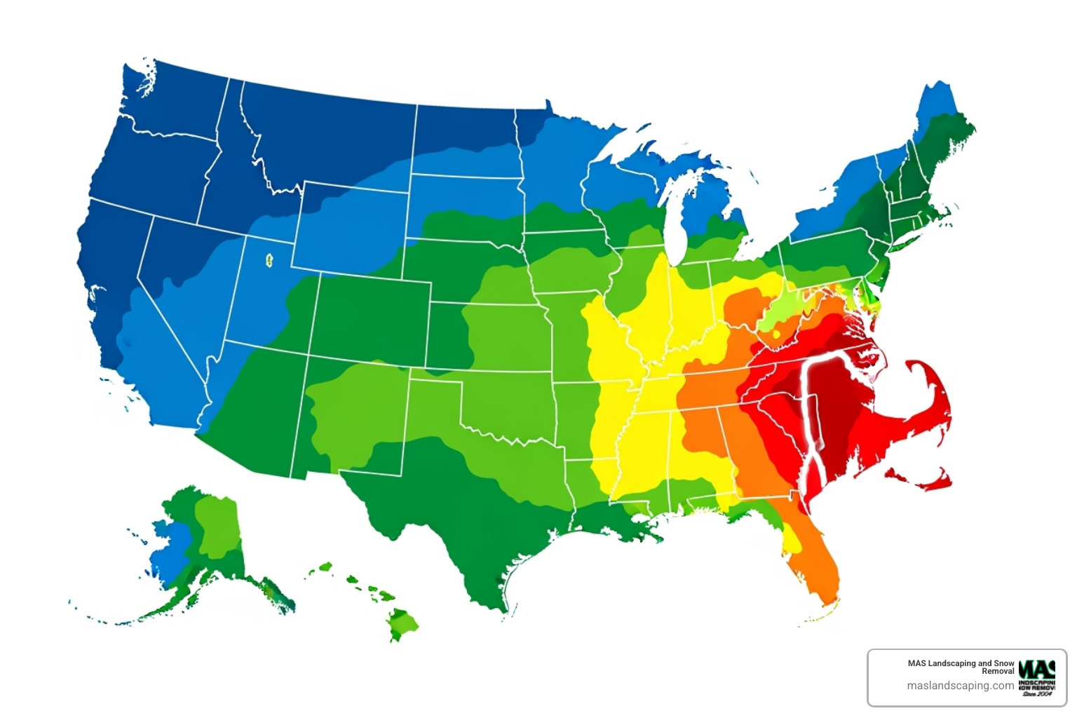 Map of the United States showing different grass growing zones, with Massachusetts highlighted in the cool-season grass zone - new construction lawn installation