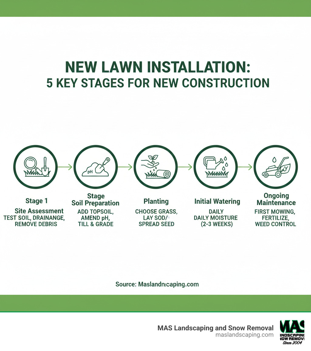 Infographic showing the 5 key stages of new construction lawn installation: Stage 1 - Site Assessment (test soil, check drainage, remove debris), Stage 2 - Soil Preparation (add topsoil, amend pH, till and grade), Stage 3 - Planting (choose grass type, lay sod or spread seed, apply starter fertilizer), Stage 4 - Initial Watering (daily moisture for 2-3 weeks, deep watering as roots establish), Stage 5 - Ongoing Maintenance (first mowing, regular fertilization, weed control after establishment) - new construction lawn installation infographic 