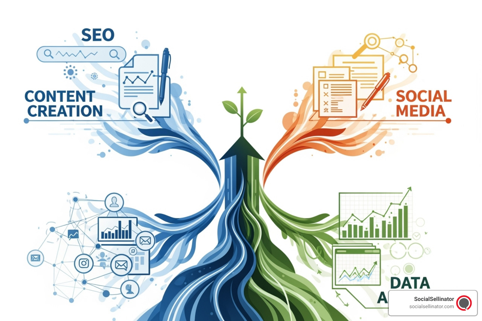 Abstract representation of digital marketing strategy, showing interconnected elements like SEO, content creation, social media, and analytics, all contributing to business growth. - blog article writers