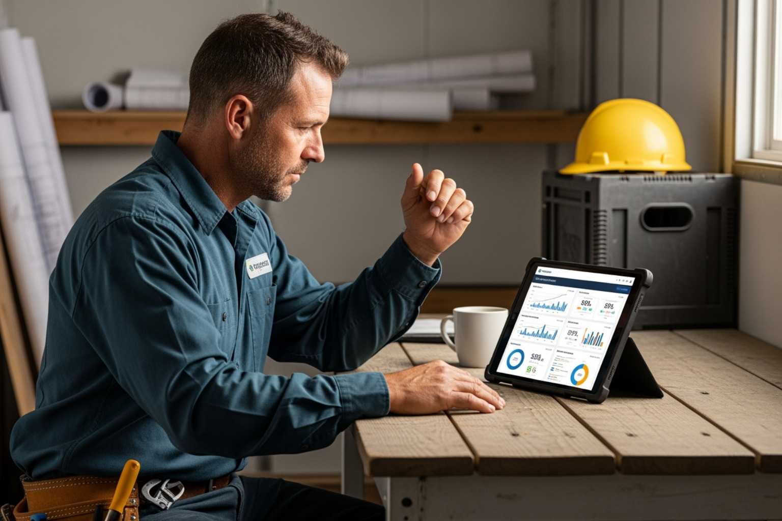 Contractor reviewing a digital marketing report on a tablet - seo agency for construction business