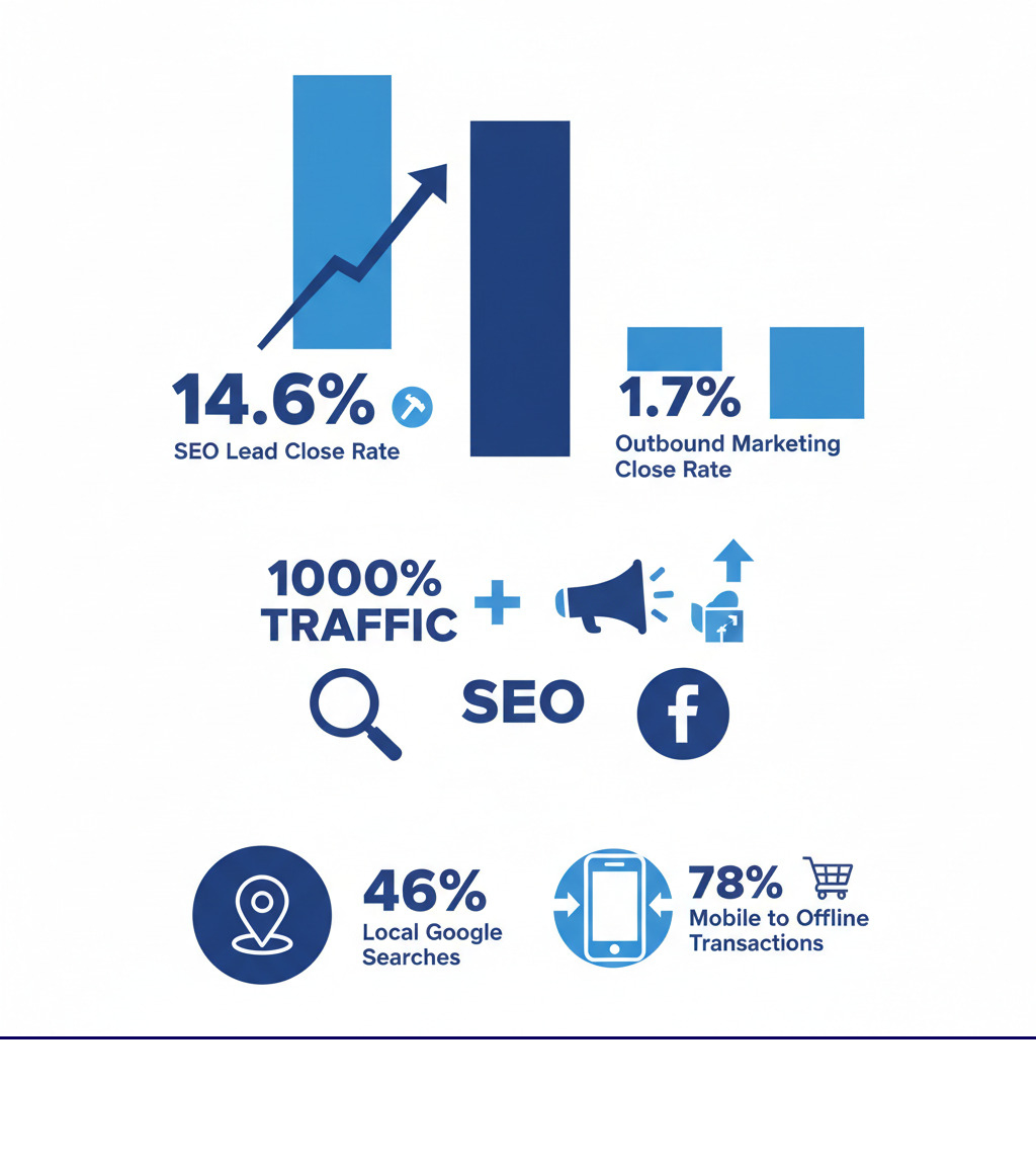 infographic comparing SEO lead close rate of 14.6% versus outbound marketing close rate of 1.7%, showing SEO generates 1000% more traffic than social media, with 46% of Google searches being local and 78% of mobile searches resulting in offline transactions - seo agency for construction business infographic 