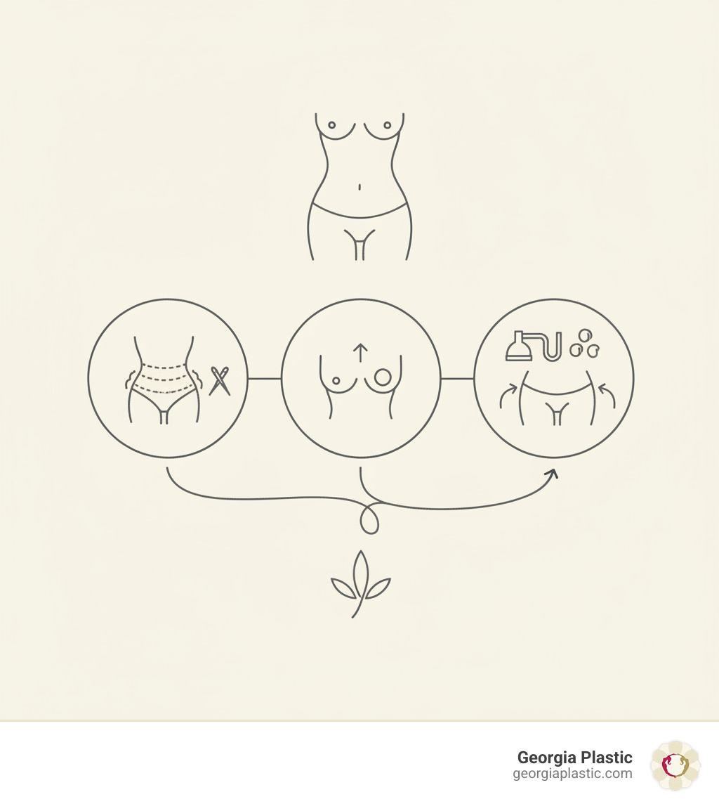 infographic showing common mommy makeover procedure combinations including tummy tuck for the abdomen to repair muscles and remove skin, breast augmentation or lift for volume and position, and liposuction for targeted fat removal in areas like hips, thighs, and flanks - mommy makeover packages infographic 