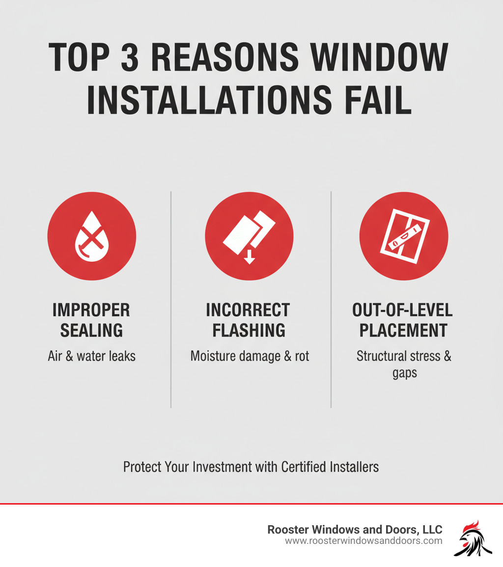 Infographic showing the top 3 reasons window installations fail: improper sealing, incorrect flashing, and out-of-level placement - certified window installers infographic 