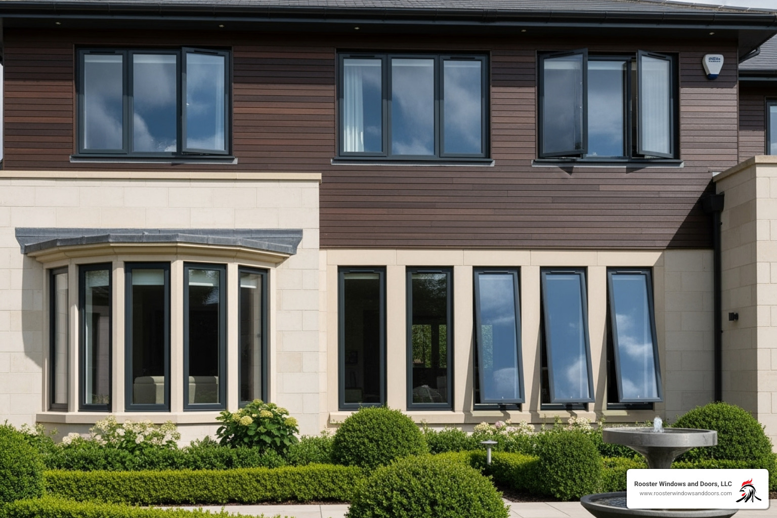 variety of window styles, including bay, casement, and double-hung, on a modern home exterior - certified window installers