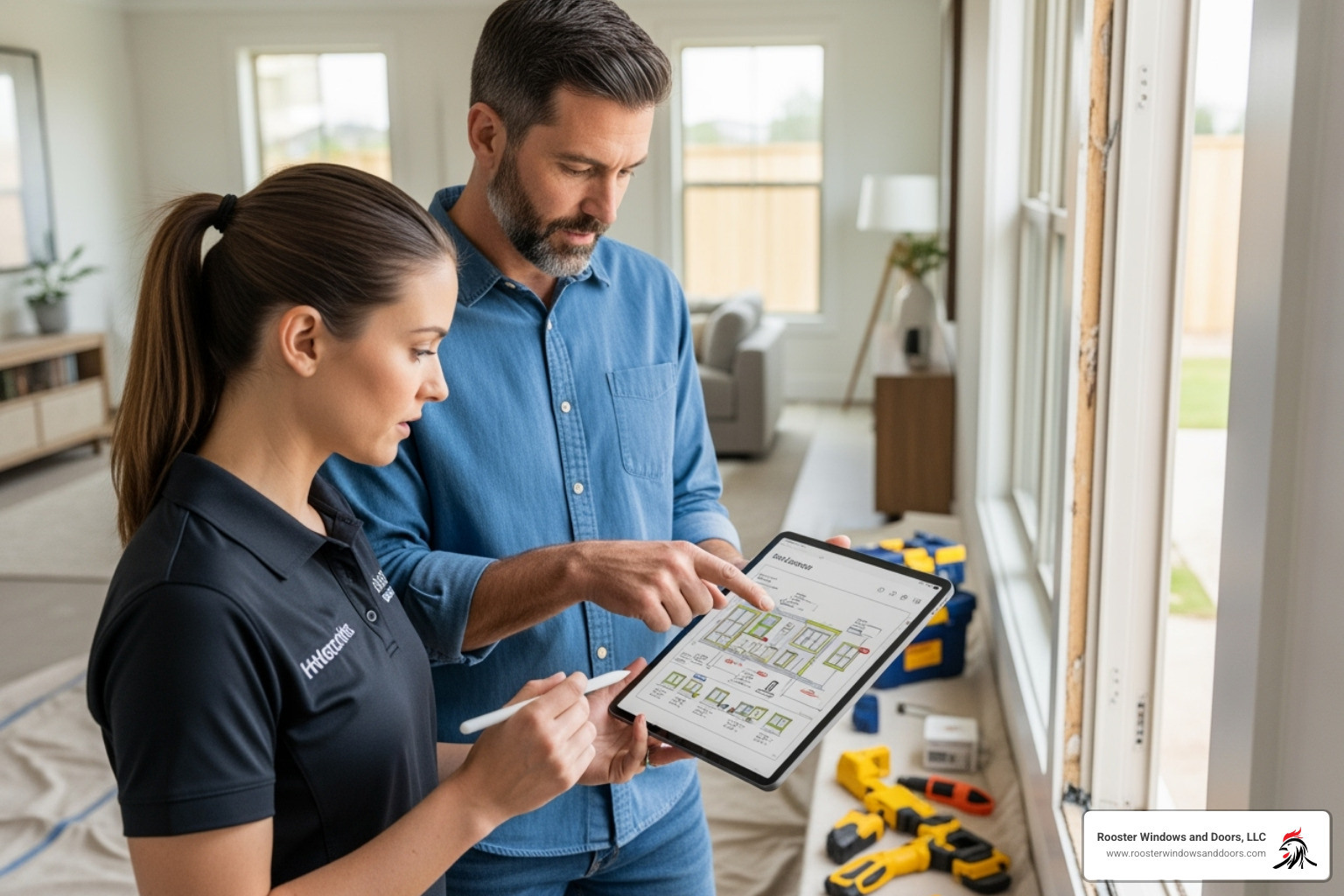 homeowner and an installer reviewing project plans on a tablet - certified window installers