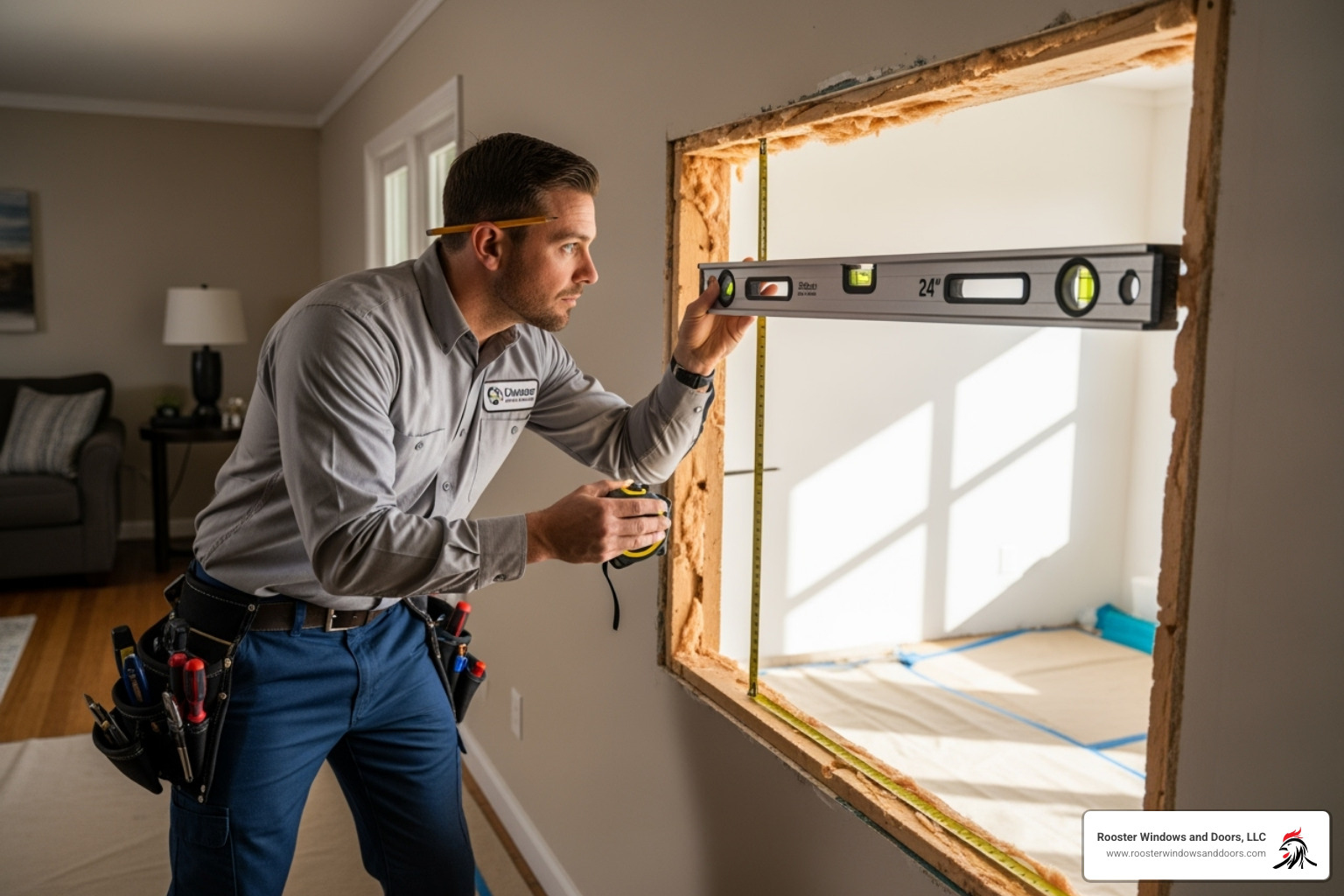 professional installer carefully measuring a window opening with a level - certified window installers