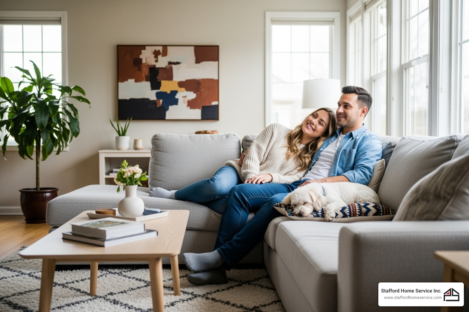 happy homeowners enjoying comfortable indoor climate - heating and cooling services happy homeowners enjoying comfortable indoor climate - heating and cooling services