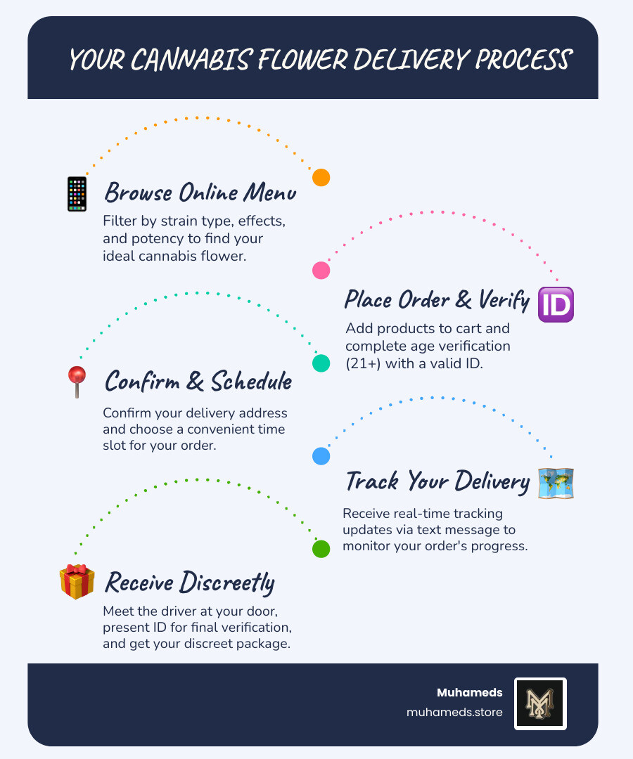 Infographic showing the cannabis flower delivery process: Step 1 - Browse online menu and filter by strain type, effects, and potency; Step 2 - Add products to cart and complete age verification with valid ID; Step 3 - Confirm delivery address and choose delivery time slot; Step 4 - Receive real-time tracking updates via text message; Step 5 - Meet driver at door with ID for final verification and receive discreet package - cannabis flower delivery infographic infographic-line-5-steps-blues-accent_colors