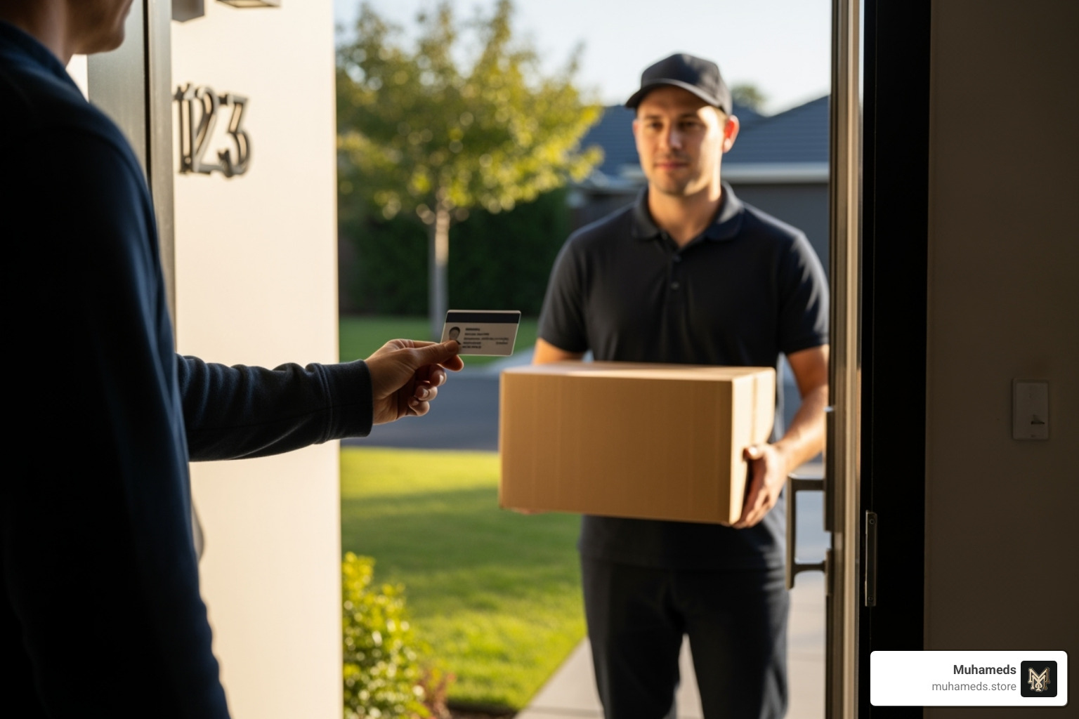 a person showing their ID to a delivery driver - cannabis flower delivery