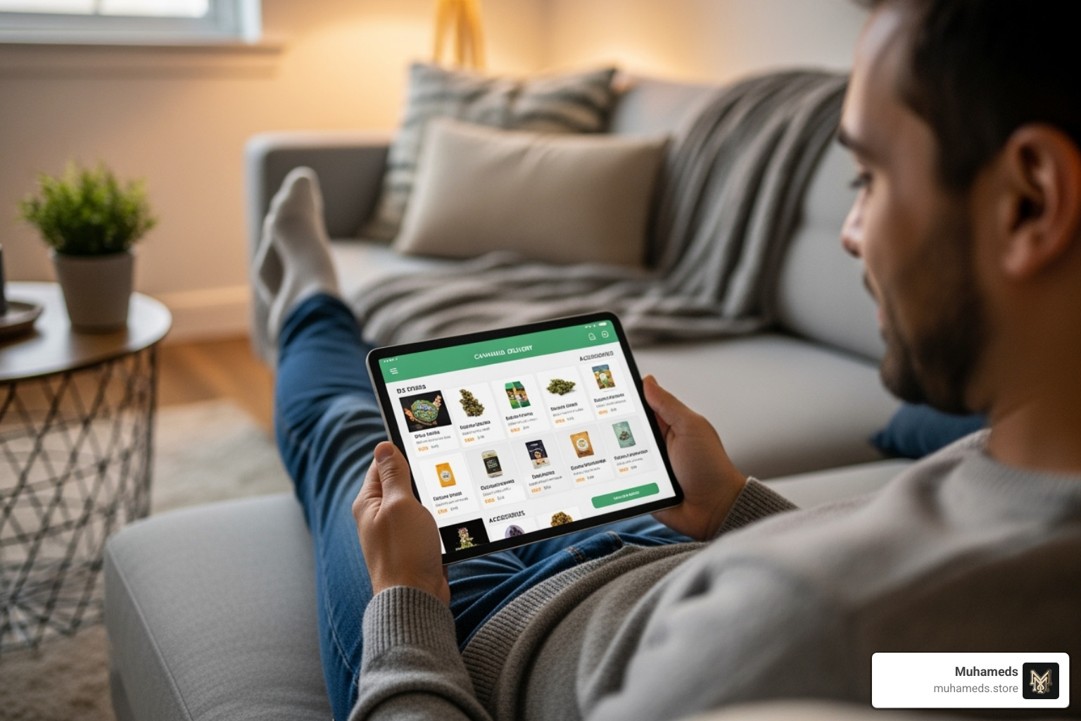 a person relaxing on their couch while browsing a cannabis delivery menu on a tablet - cannabis flower delivery