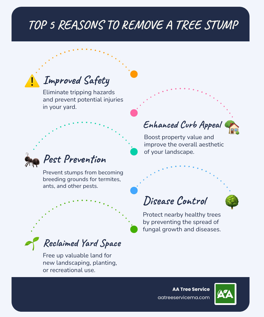 infographic showing the top 5 reasons to remove a tree stump: improved safety by eliminating tripping hazards, enhanced curb appeal and property value, pest prevention including termites and ants, disease control to protect healthy trees, and reclaimed usable yard space for landscaping - tree stump company infographic infographic-line-5-steps-blues-accent_colors