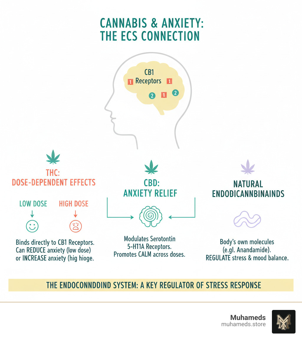 Infographic showing the endocannabinoid system's role in anxiety regulation, including CB1 and CB2 receptors in the brain, how THC binds directly to CB1 receptors causing dose-dependent anxiety effects, how CBD modulates serotonin 5-HT1A receptors for anxiety relief, and the body's natural endocannabinoids that help regulate stress responses - marijuana for anxiety infographic Infographic showing the endocannabinoid system's role in anxiety regulation, including CB1 and CB2 receptors in the brain, how THC binds directly to CB1 receptors causing dose-dependent anxiety effects, how CBD modulates serotonin 5-HT1A receptors for anxiety relief, and the body's natural endocannabinoids that help regulate stress responses - marijuana for anxiety infographic