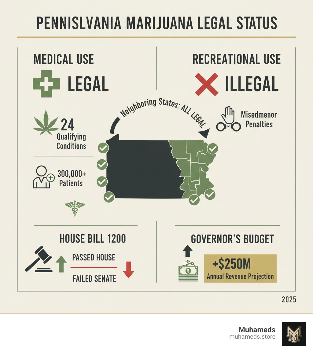 Infographic showing Pennsylvania's marijuana legal status: medical use legal with 24 qualifying conditions and 300,000+ patients, recreational use illegal with misdemeanor penalties, neighboring states all legal for recreational use, House Bill 1200 passed House but failed in Senate, Governor's budget proposes legalization with $250M annual revenue projection - is marijuana legal in pa infographic Infographic showing Pennsylvania's marijuana legal status: medical use legal with 24 qualifying conditions and 300,000+ patients, recreational use illegal with misdemeanor penalties, neighboring states all legal for recreational use, House Bill 1200 passed House but failed in Senate, Governor's budget proposes legalization with $250M annual revenue projection - is marijuana legal in pa infographic