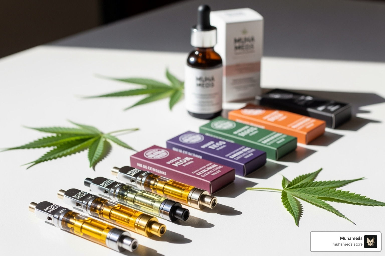 A display of various Muha Meds cannabis products, including vape cartridges, edibles, and tinctures, arranged neatly on a clean surface - marijuana for anxiety A display of various Muha Meds cannabis products, including vape cartridges, edibles, and tinctures, arranged neatly on a clean surface - marijuana for anxiety