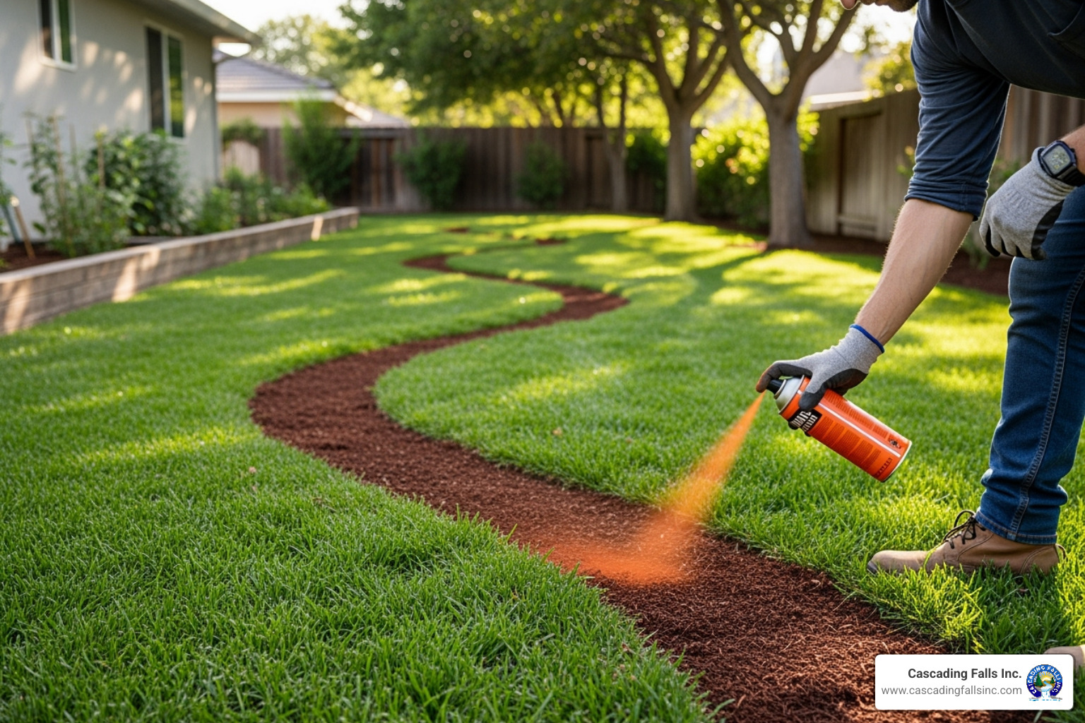 of a yard being planned with spray paint marking the path of a future dry creek bed - Dry creek bed of a yard being planned with spray paint marking the path of a future dry creek bed - Dry creek bed