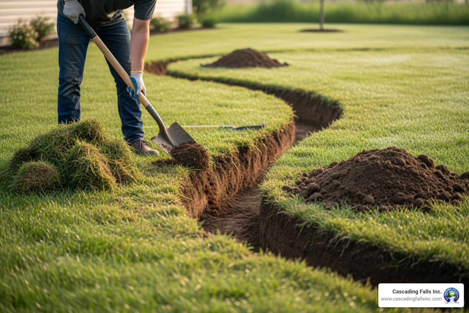 of the excavation process for a dry creek bed - Dry creek bed of the excavation process for a dry creek bed - Dry creek bed