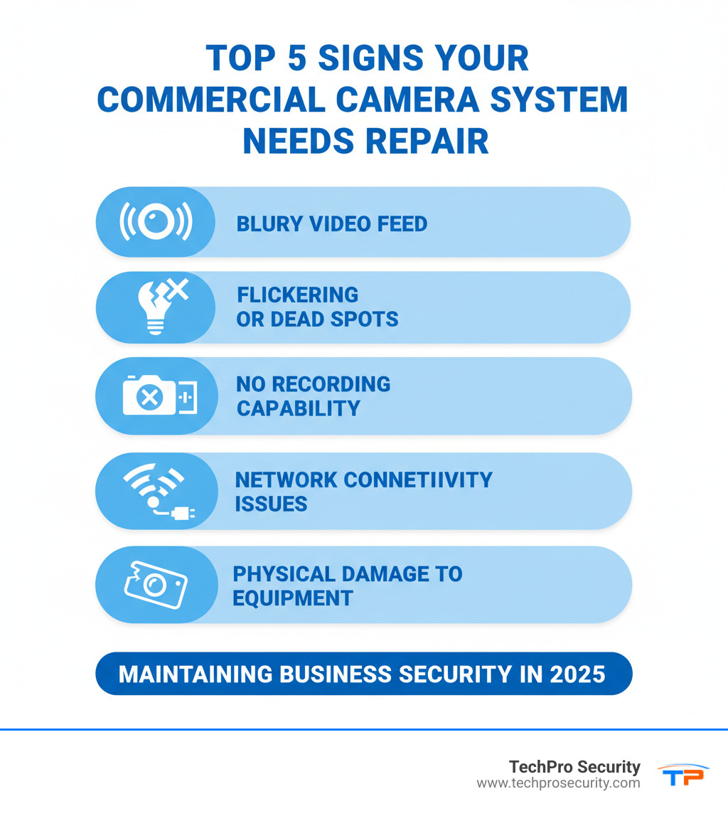 infographic showing top 5 signs your commercial camera system needs repair including blurry video feed flickering or dead spots no recording capability network connectivity issues and physical damage to equipment - commercial camera repair infographic 