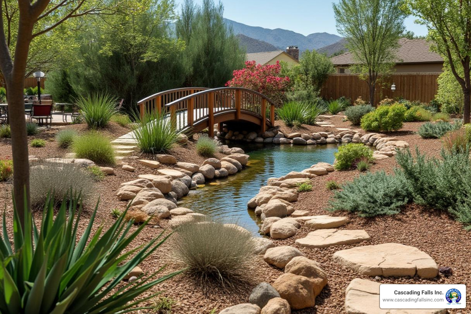 of a finished dry creek bed with integrated plants and a small bridge - Dry creek bed of a finished dry creek bed with integrated plants and a small bridge - Dry creek bed