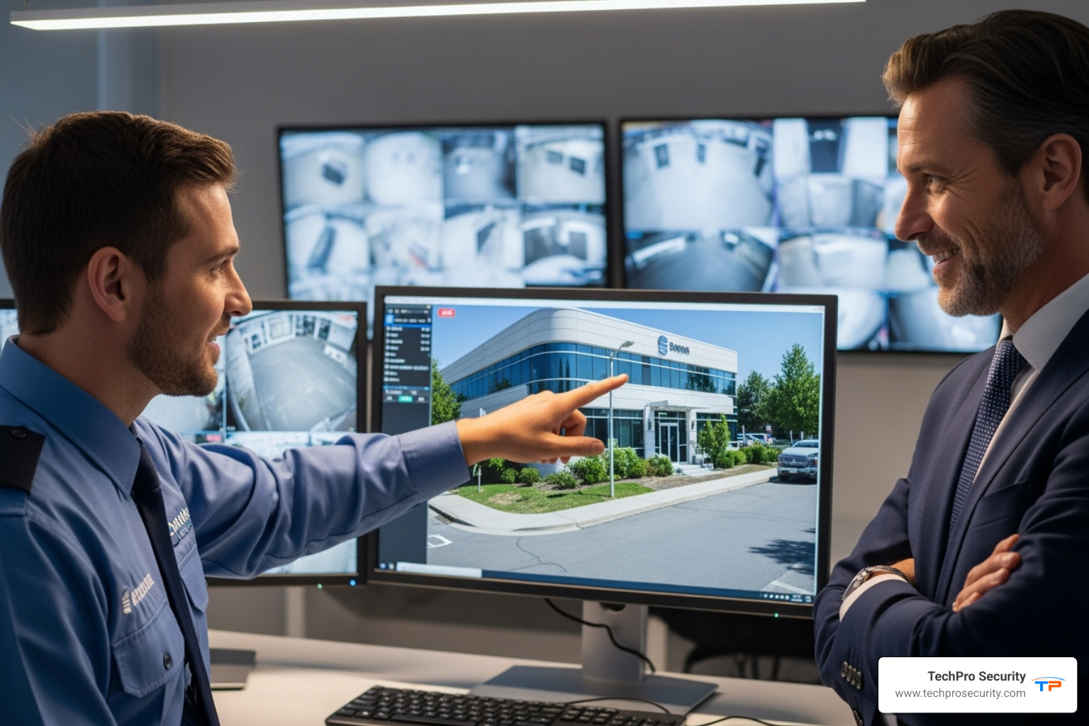 technician showing client successful repair on monitor - commercial camera repair