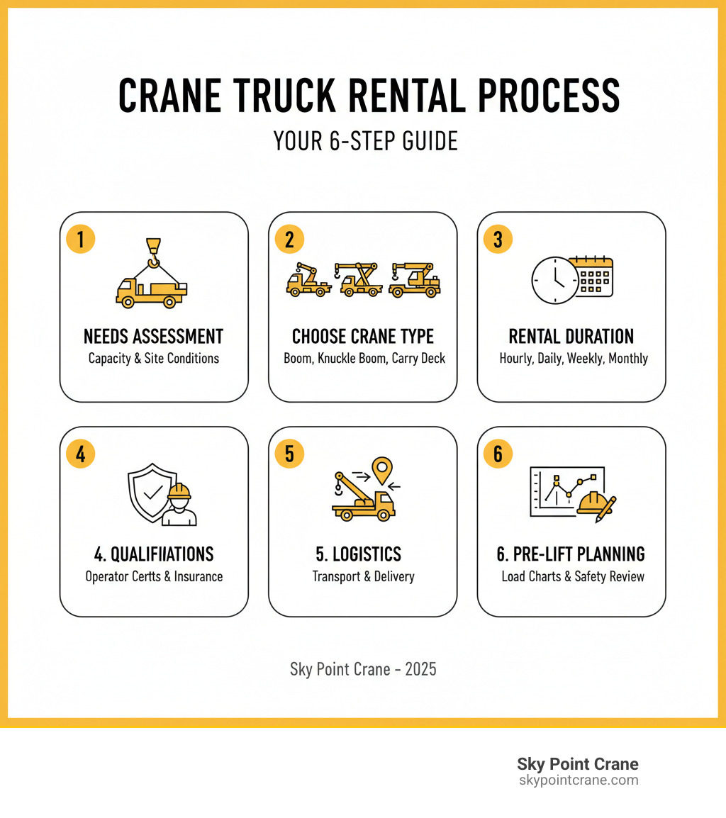 Infographic showing the complete crane truck rental process: 1. Determine your lifting capacity needs and site conditions, 2. Choose the right crane truck type (boom truck, knuckle boom, or carry deck), 3. Select rental duration (hourly, daily, weekly, monthly), 4. Verify operator certification and insurance coverage, 5. Confirm transportation and delivery logistics, 6. Review load charts and conduct pre-lift planning - rent a crane truck infographic Infographic showing the complete crane truck rental process: 1. Determine your lifting capacity needs and site conditions, 2. Choose the right crane truck type (boom truck, knuckle boom, or carry deck), 3. Select rental duration (hourly, daily, weekly, monthly), 4. Verify operator certification and insurance coverage, 5. Confirm transportation and delivery logistics, 6. Review load charts and conduct pre-lift planning - rent a crane truck infographic