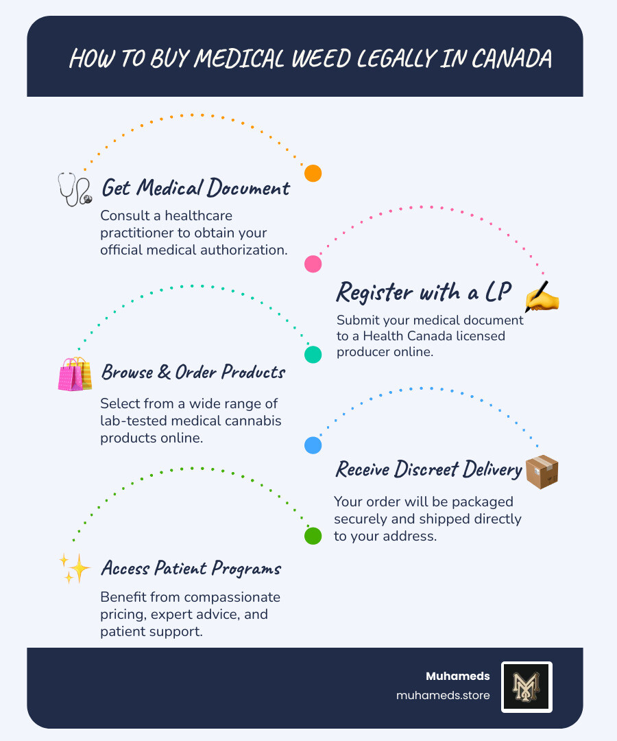 infographic showing the complete process to buy medical weed legally in Canada - buy medical weed infographic infographic-line-5-steps-blues-accent_colors