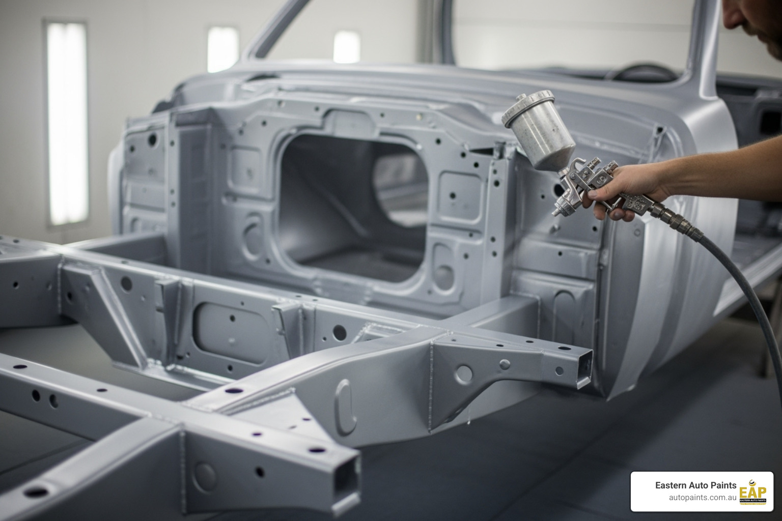 Technician applying protective grey auto paint primers to the body-off frame of a classic car restoration project in a clean booth.