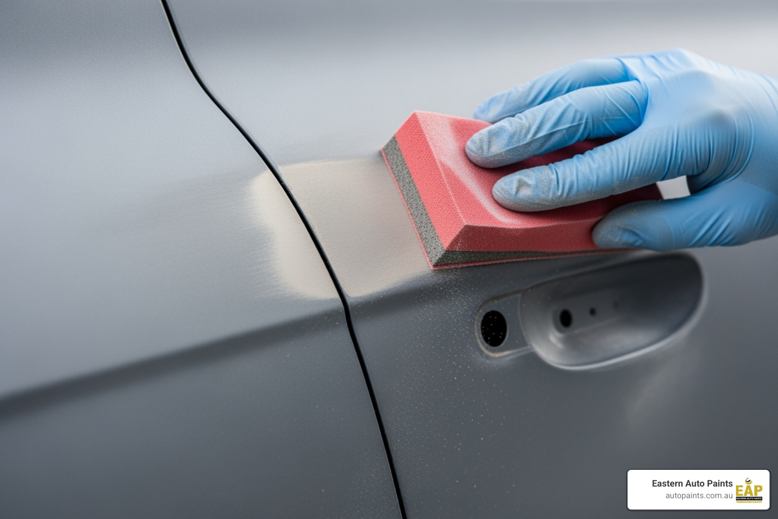 Detail of wet-sanding fresh auto paint primers on a car door to remove surface imperfections before the base coat application.