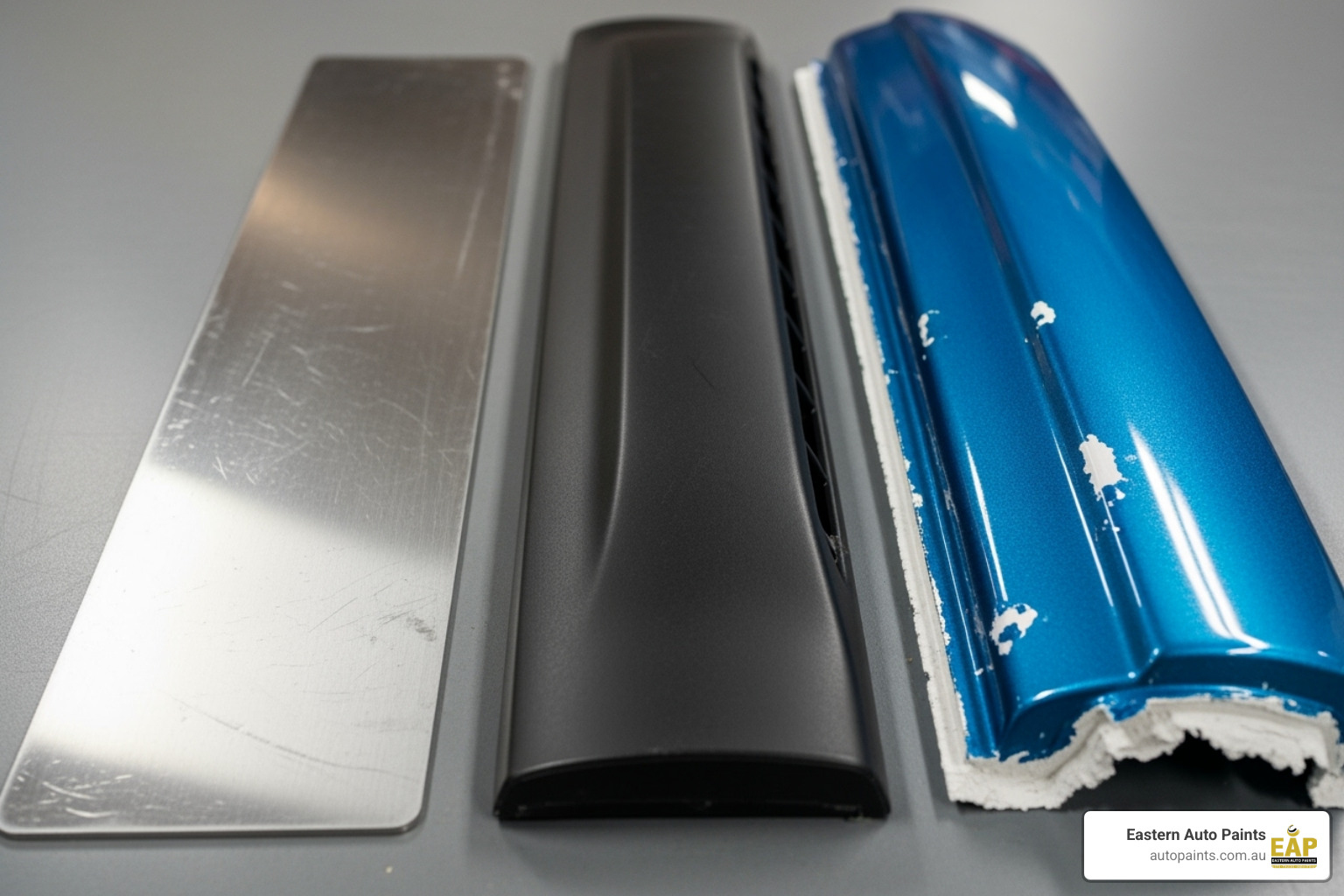 A selection of different substrates: a bare steel panel, a plastic car bumper, and a previously painted fibreglass part - auto paint primers