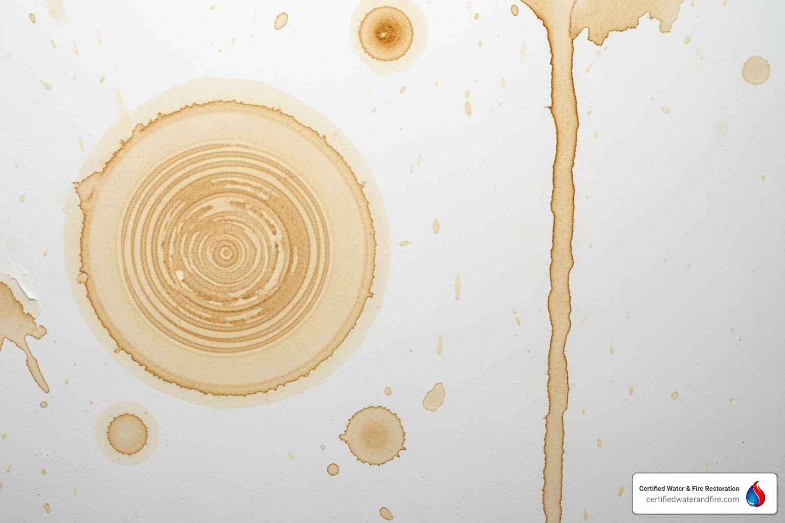 different types of ceiling water stains (e.g., circular vs. streaky) - clean water damaged ceiling