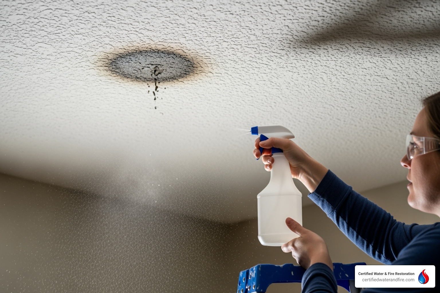 a person spraying a bleach solution on a ceiling stain - clean water damaged ceiling