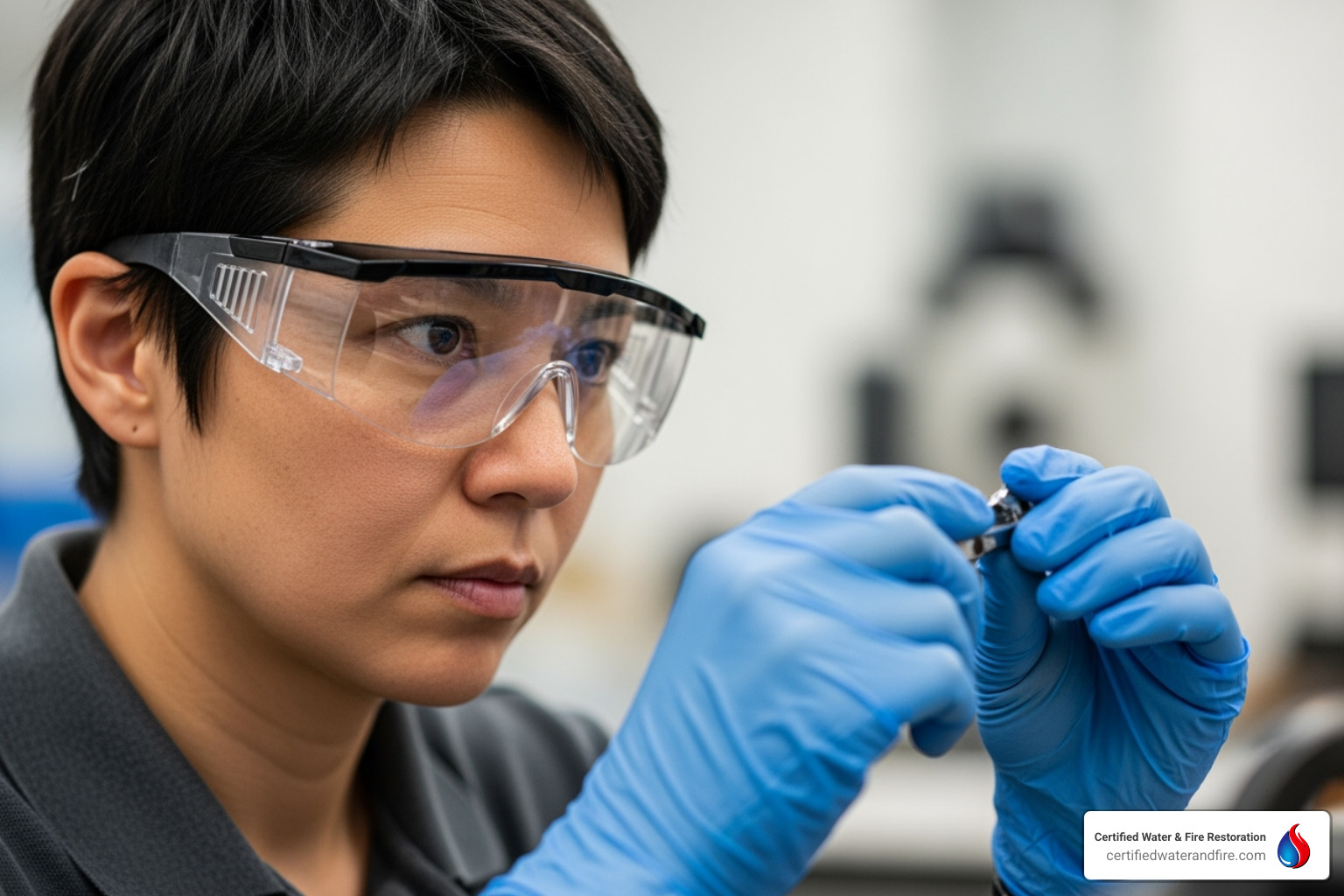 a person wearing safety goggles and gloves - clean water damaged ceiling
