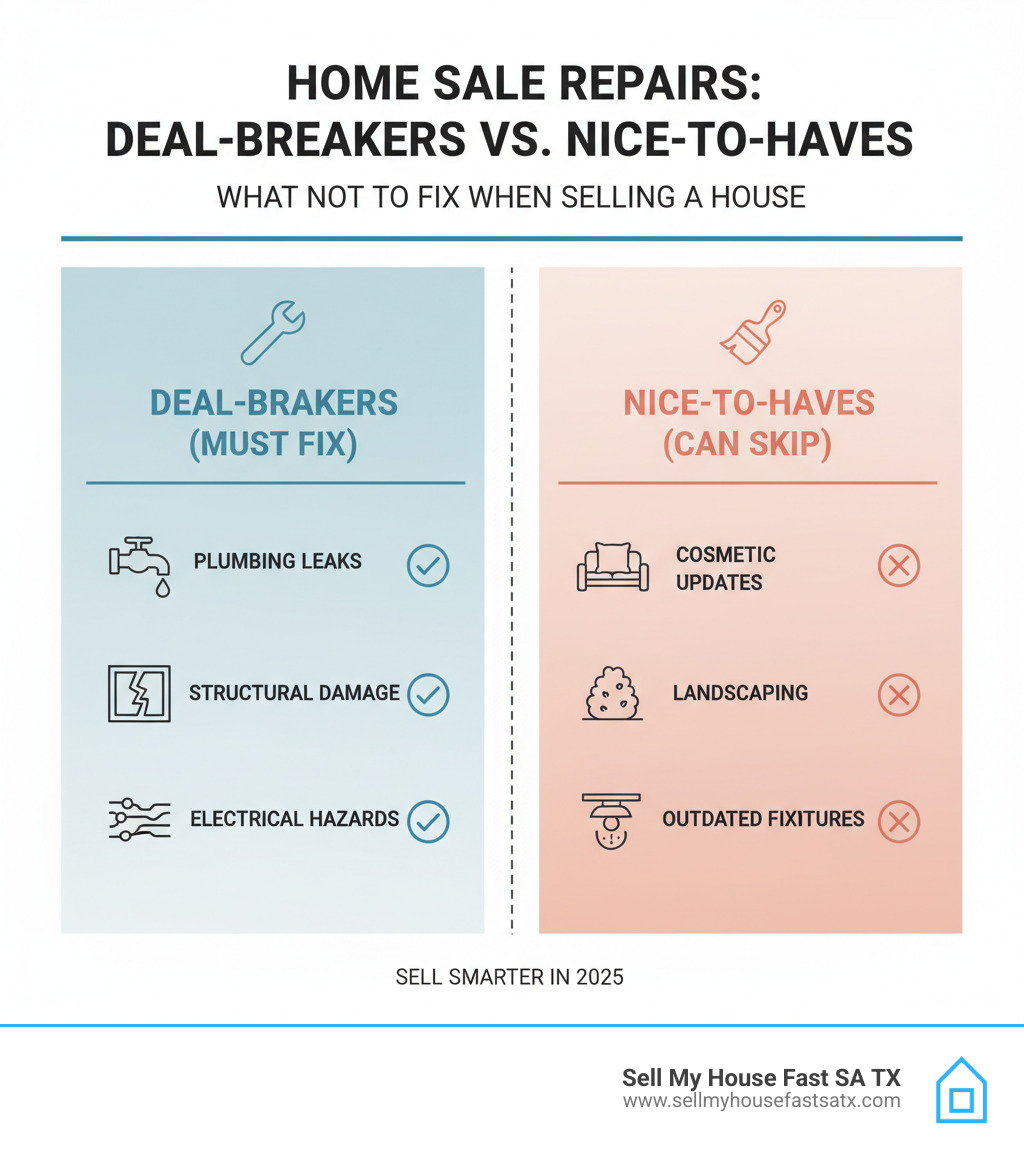 Infographic showing the difference between deal-breaker repairs that must be addressed versus nice-to-have improvements that can be skipped - what not to fix when selling a house