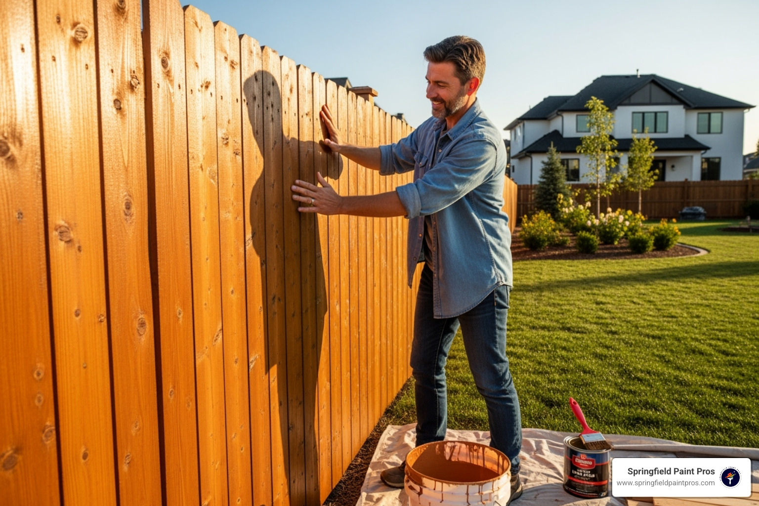 homeowner inspecting newly stained fence - fence staining springfield