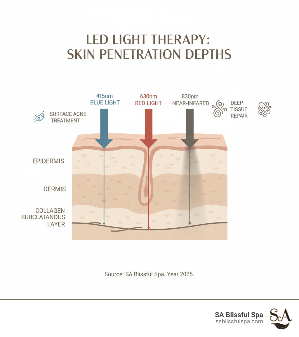 Infographic showing how different wavelengths of LED light (blue at 415nm for surface acne treatment, red at 630nm for collagen in mid-layers, and near-infrared at 830nm for deep tissue repair) penetrate the skin at various depths, with arrows indicating the depth of penetration through the epidermis, dermis, and subcutaneous layers - Benefits of LED facial? infographic 