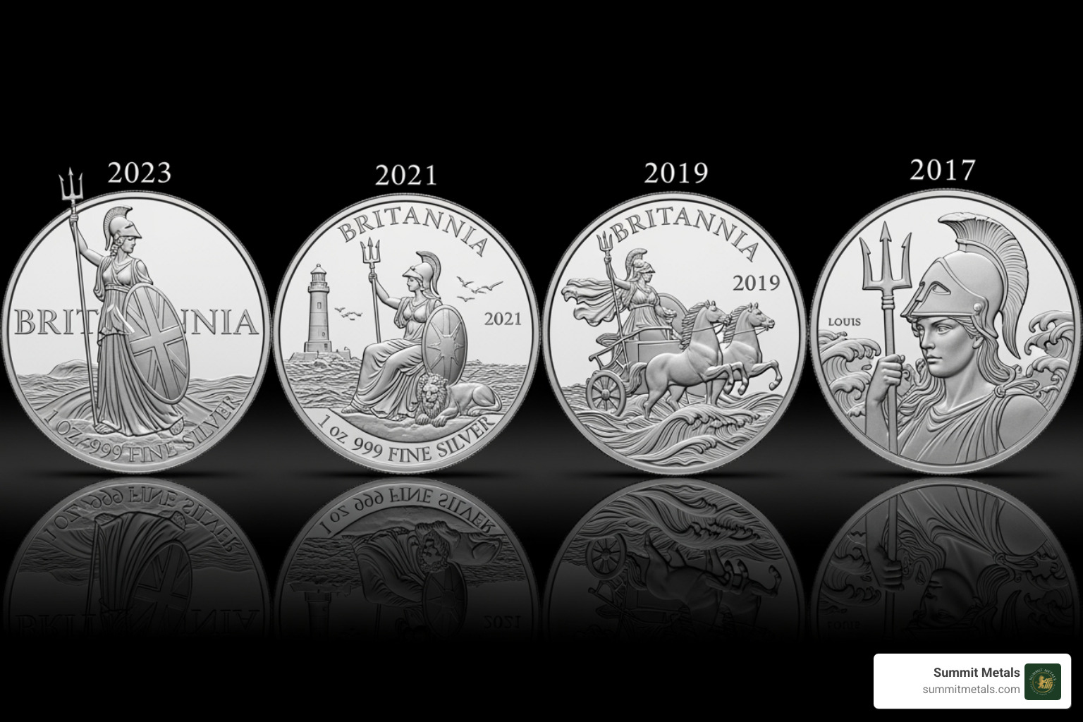 Several different reverse designs of the Silver Britannia coin - Silver Britannia coins Several different reverse designs of the Silver Britannia coin - Silver Britannia coins
