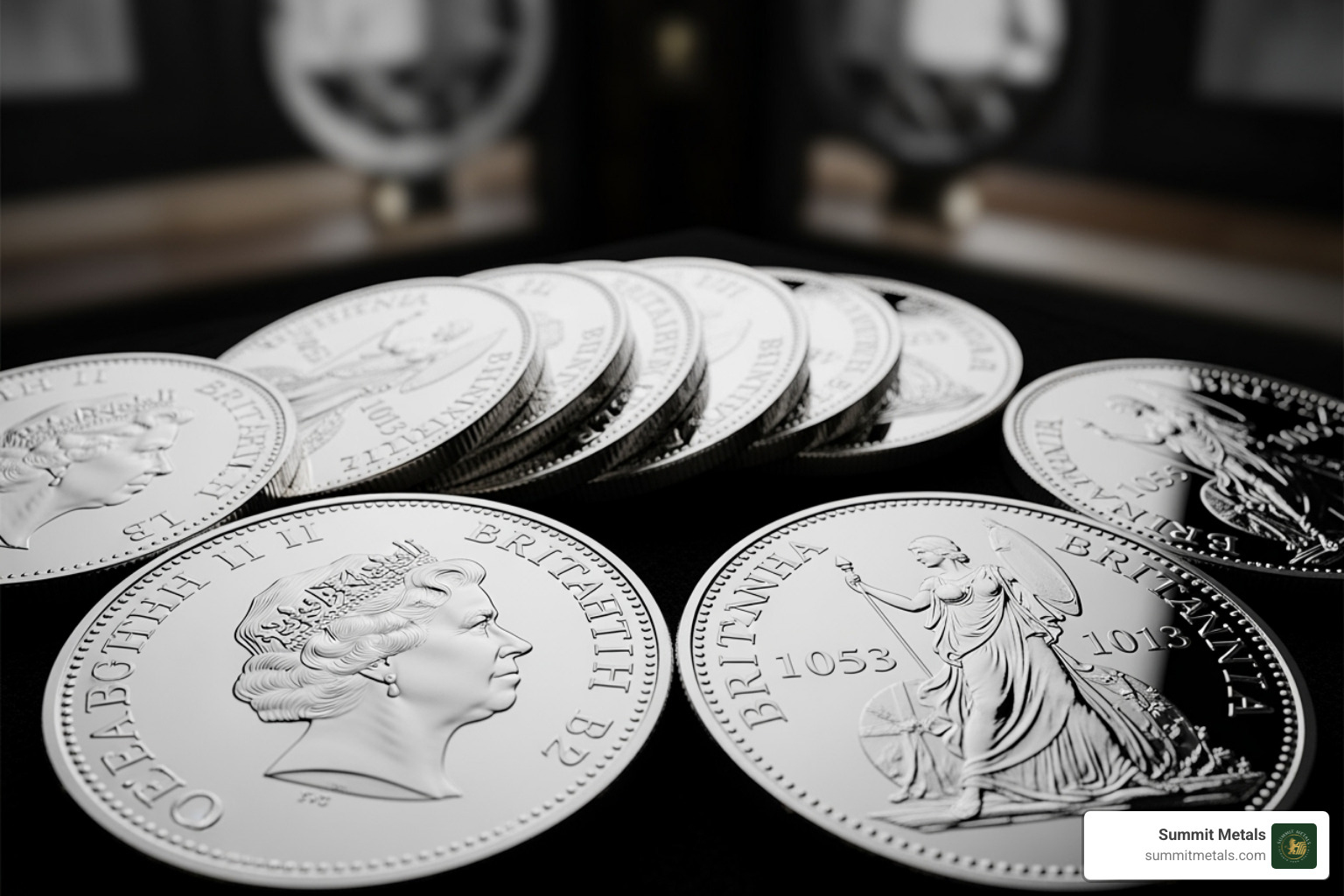 Close-up of the four security features on a 2021+ Silver Britannia coin - Silver Britannia coins Close-up of the four security features on a 2021+ Silver Britannia coin - Silver Britannia coins