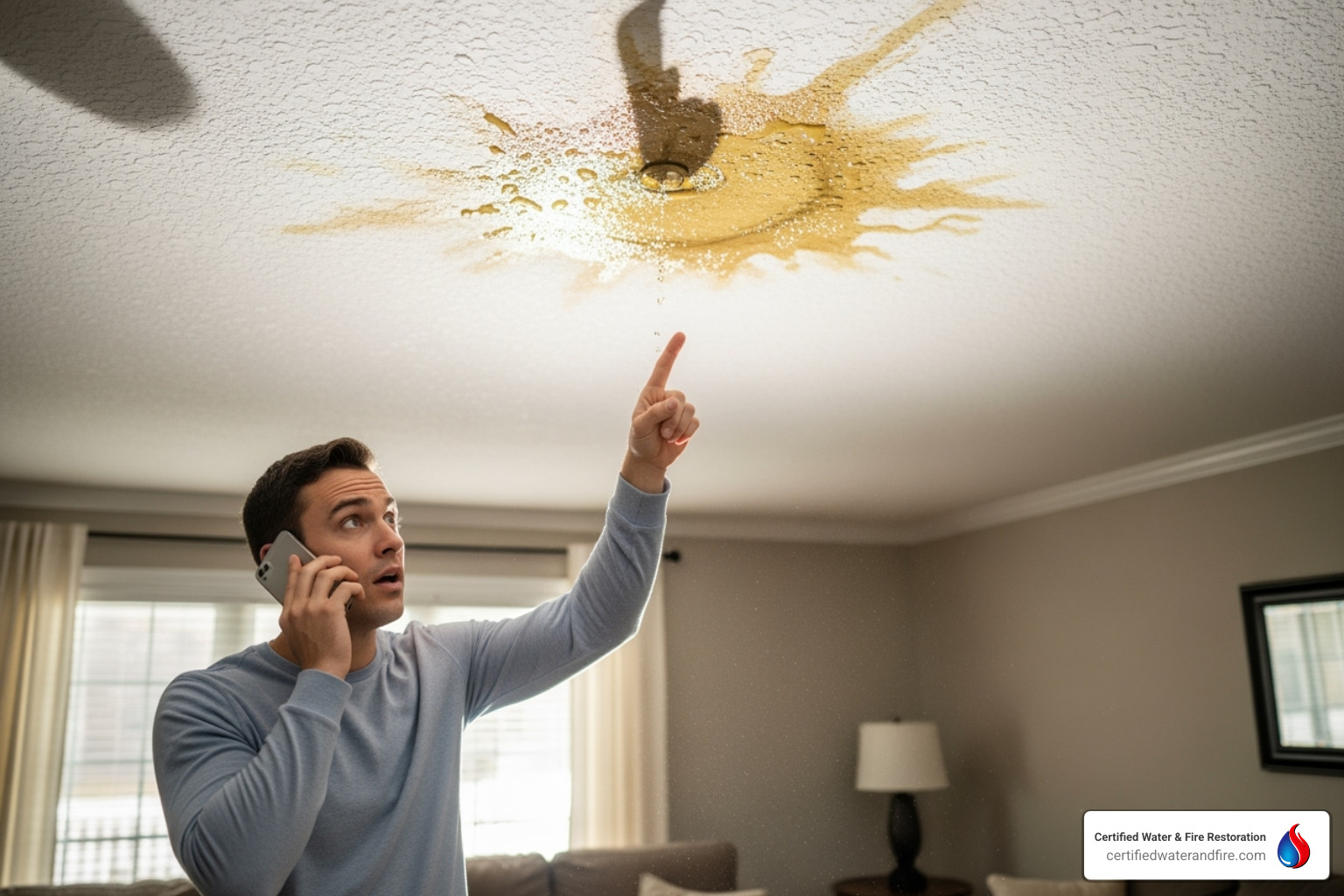 Infographic showing the 5-step process to clean a water damaged ceiling: Step 1 - Stop the Leak by identifying and fixing the water source; Step 2 - Dry the Area using fans, dehumidifiers, and moisture meters; Step 3 - Clean the Stain with a bleach solution to remove discoloration and kill mold; Step 4 - Prime the surface with oil-based stain-blocking primer to prevent bleed-through; Step 5 - Paint the ceiling with matching ceiling paint for a seamless finish - clean water damaged ceiling infographic 