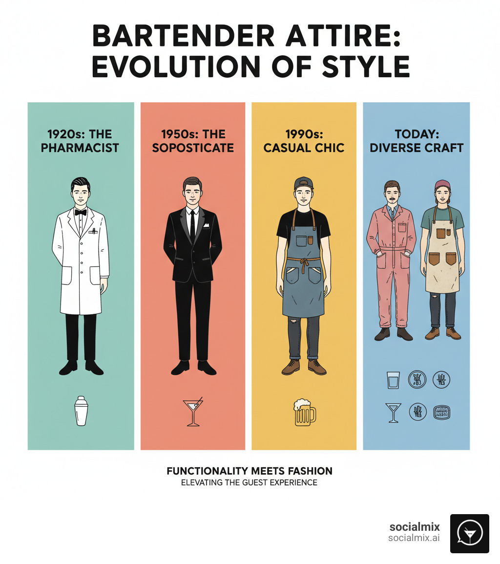 Infographic illustrating the evolution of bartender attire from 1920s white coats to today's diverse styles - modern bar uniforms infographic 