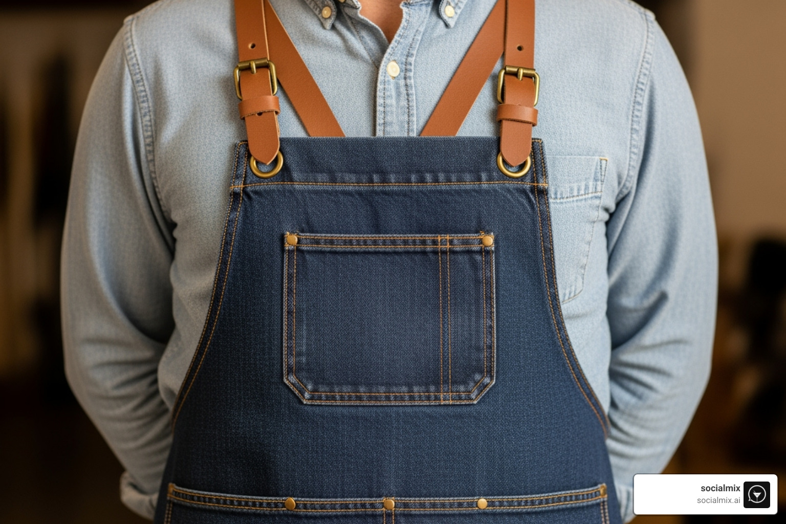 Detailed shot of a stylish denim apron with leather straps and brass hardware - modern bar uniforms