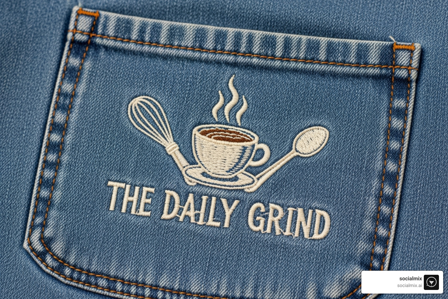 Custom embroidered logo on an apron pocket - modern bar uniforms