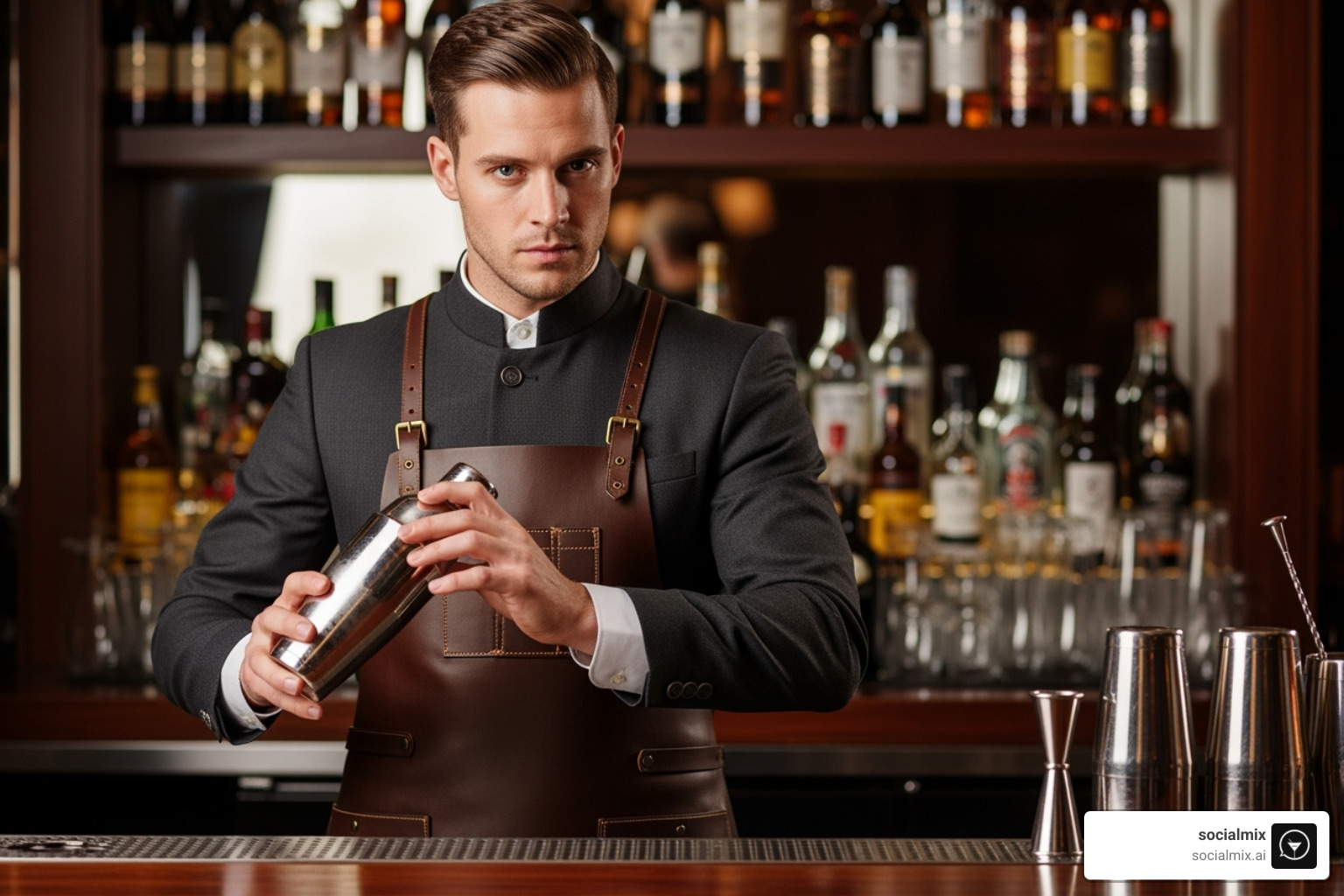 Bartender in a sleek, dark-colored uniform with a modern apron, focused on clean lines - modern bar uniforms