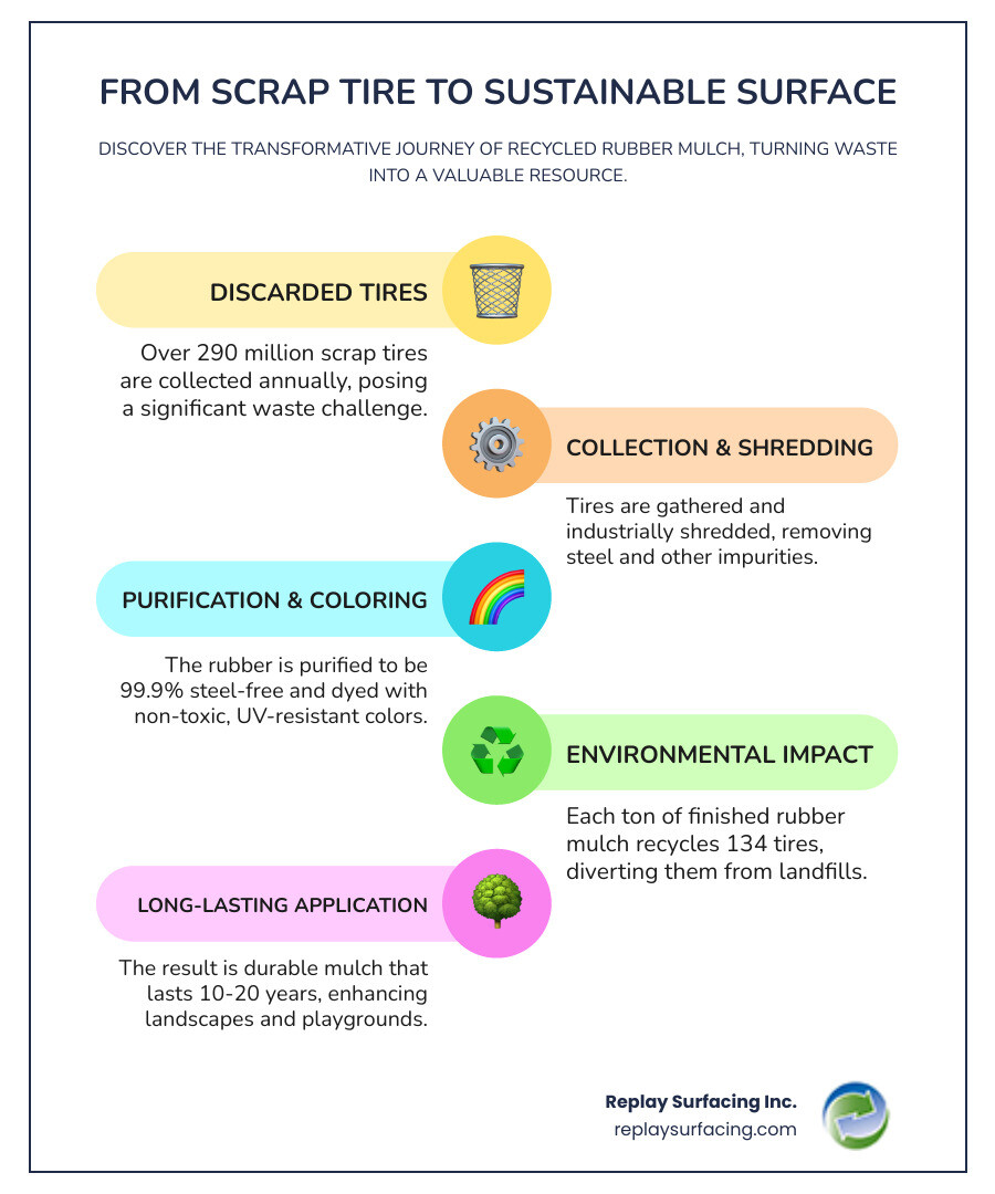 Infographic showing the journey of a tire: starting with a car tire, moving through a recycling facility where 290 million tires are processed annually, then being shredded and cleaned to become colorful rubber mulch nuggets, with callouts showing "1 ton recycles 134 tires" and "Lasts 10-20 years vs 1-2 years for wood," ending with images of mulch in both a garden bed and playground - rubber mulch made from recycled tires infographic infographic-line-5-steps-colors