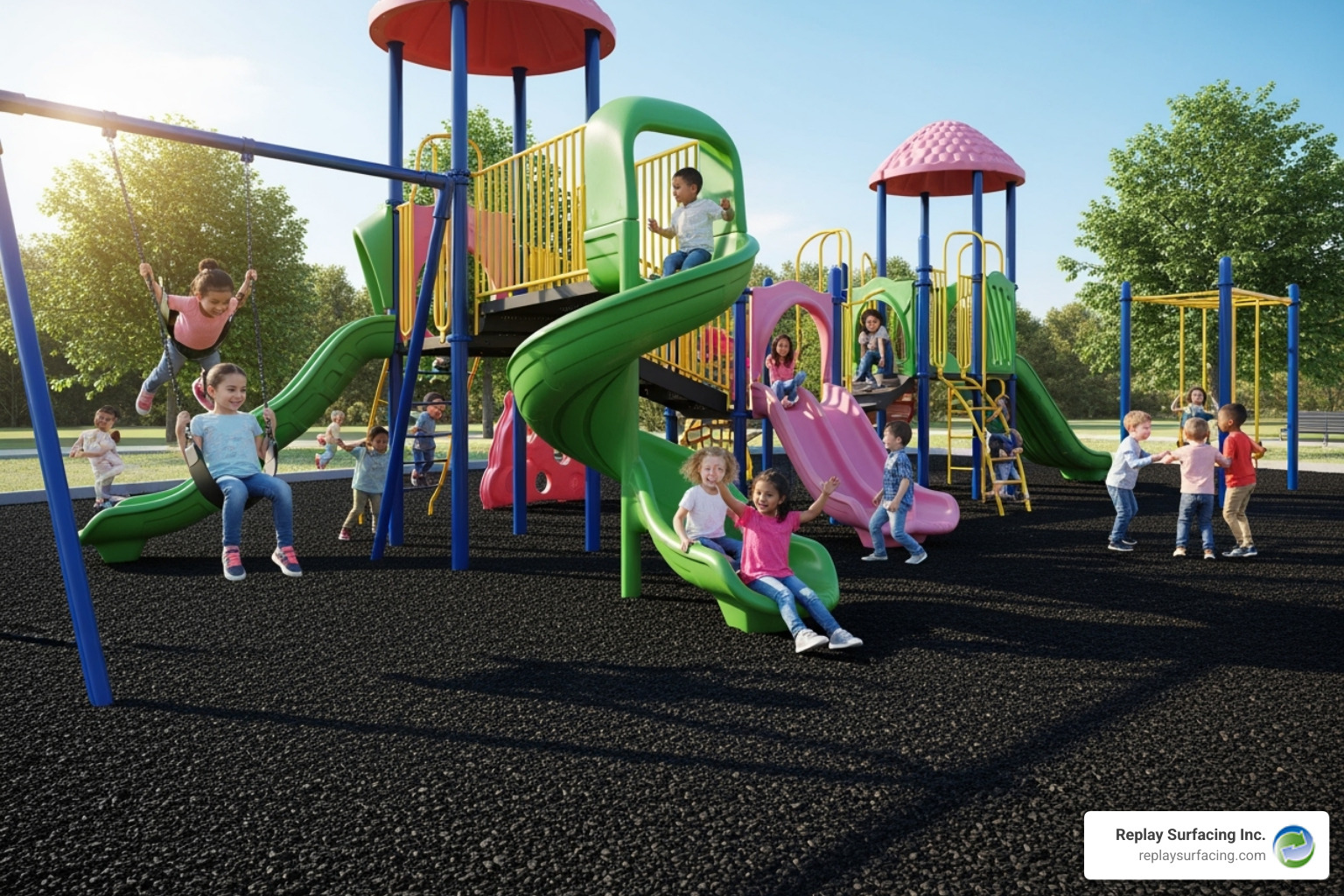 children playing safely on a colorful playground with deep rubber mulch - rubber mulch made from recycled tires