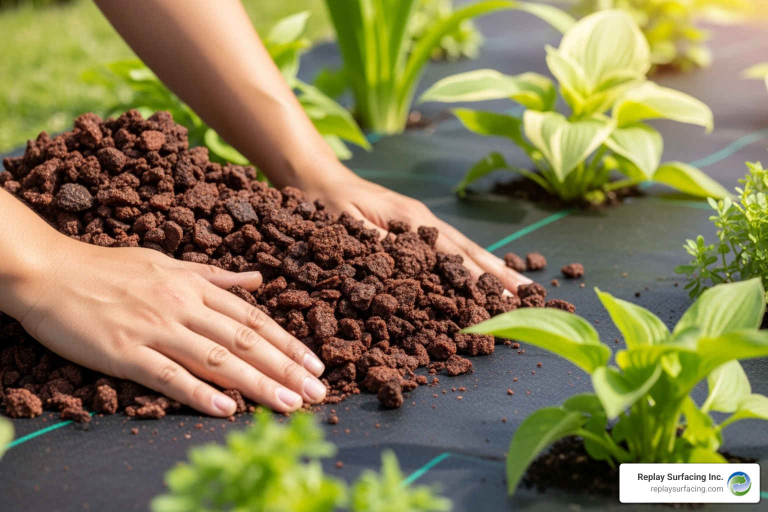 rubber mulch being installed over landscape fabric in a flower bed - rubber mulch made from recycled tires