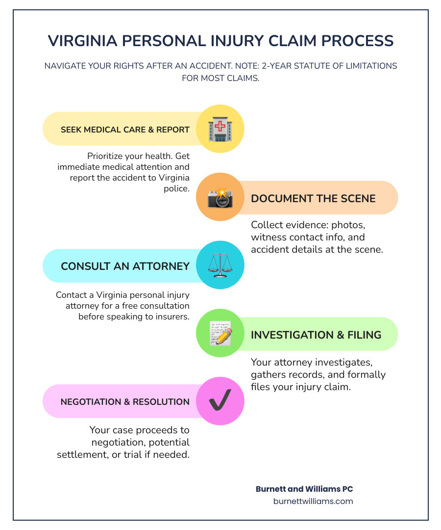 Infographic showing the Virginia personal injury claim process: Step 1 - Seek immediate medical care and document injuries. Step 2 - Report the accident to Virginia police and obtain a crash report. Step 3 - Collect evidence: photos, witness contact information, and accident scene details. Step 4 - Contact a Virginia personal injury attorney for a free consultation before speaking to any insurance adjuster. Step 5 - Your attorney investigates, gathers records, and files your claim. Step 6 - Negotiation and settlement, or trial if needed. Note: Virginia has a two-year statute of limitations for most personal injury claims. Claims against government entities require a six-month notice. - personal injury attorney near me infographic infographic-line-5-steps-colors Infographic showing the Virginia personal injury claim process: Step 1 - Seek immediate medical care and document injuries. Step 2 - Report the accident to Virginia police and obtain a crash report. Step 3 - Collect evidence: photos, witness contact information, and accident scene details. Step 4 - Contact a Virginia personal injury attorney for a free consultation before speaking to any insurance adjuster. Step 5 - Your attorney investigates, gathers records, and files your claim. Step 6 - Negotiation and settlement, or trial if needed. Note: Virginia has a two-year statute of limitations for most personal injury claims. Claims against government entities require a six-month notice. - personal injury attorney near me infographic infographic-line-5-steps-colors