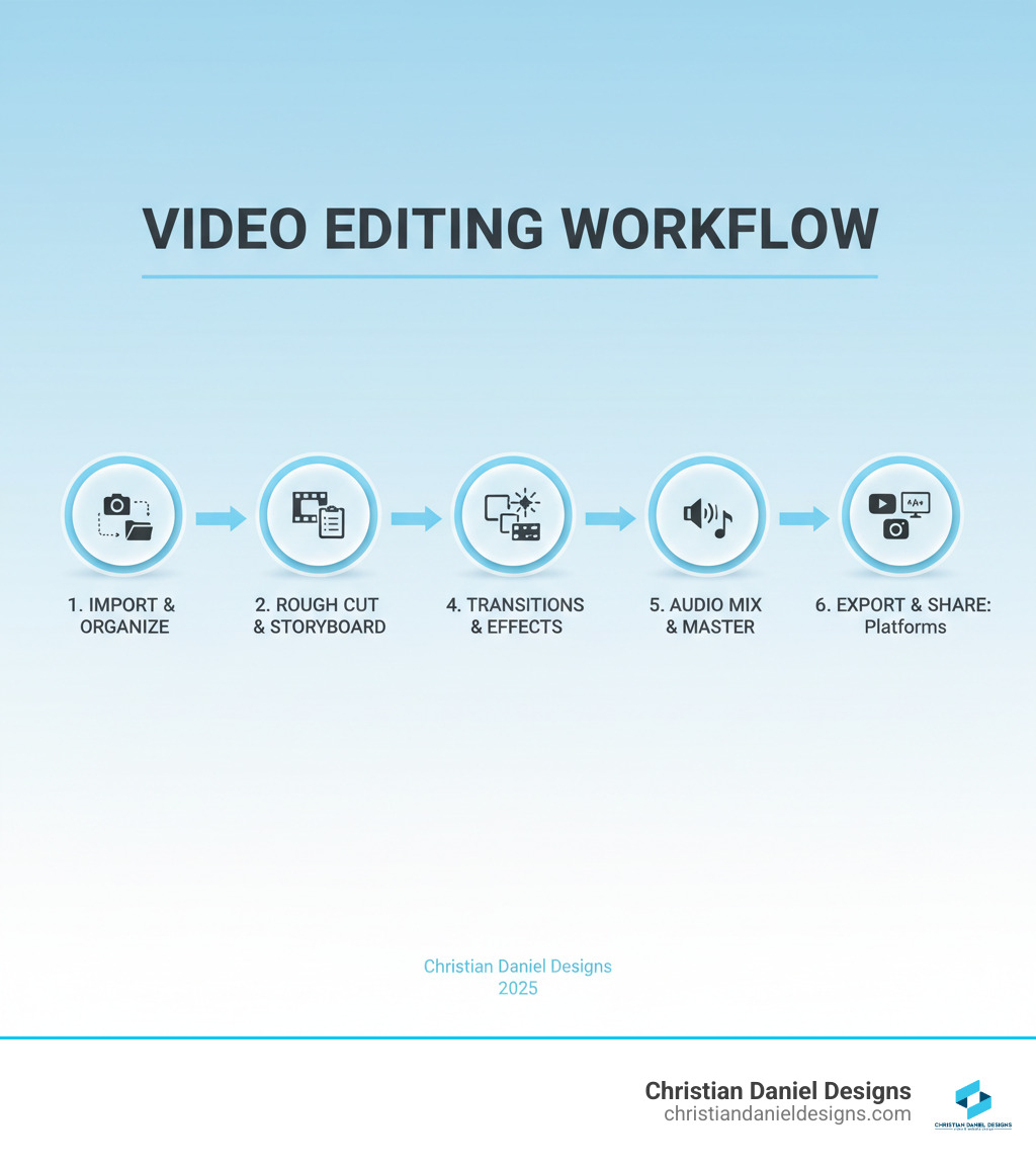 Infographic Showing The Video Editing Workflow: Starting With Raw Footage Import And Organizing Clips, Moving Through Rough Cut Assembly And Storyboarding, Then Fine-Tuning With Transitions And Effects, Adding Color Correction And Grading, Mixing And Mastering Audio, And Finally Exporting The Finished Video For Different Platforms Like Youtube, Instagram, And Professional Presentations - Video Editing Course Infographic  Infographic showing the video editing workflow: starting with raw footage import and organizing clips, moving through rough cut assembly and storyboarding, then fine-tuning with transitions and effects, adding color correction and grading, mixing and mastering audio, and finally exporting the finished video for different platforms like youtube, instagram, and professional presentations - video editing course infographic