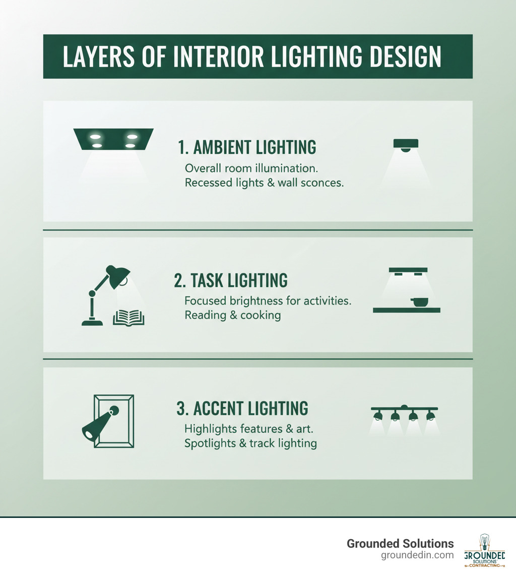 Detailed infographic showing the three layers of interior lighting design: Ambient lighting provides overall room illumination through recessed lights and wall sconces, Task lighting offers focused brightness for specific activities like reading or cooking, and Accent lighting highlights architectural features or artwork with spotlights and track lighting - ambient light installation infographic 